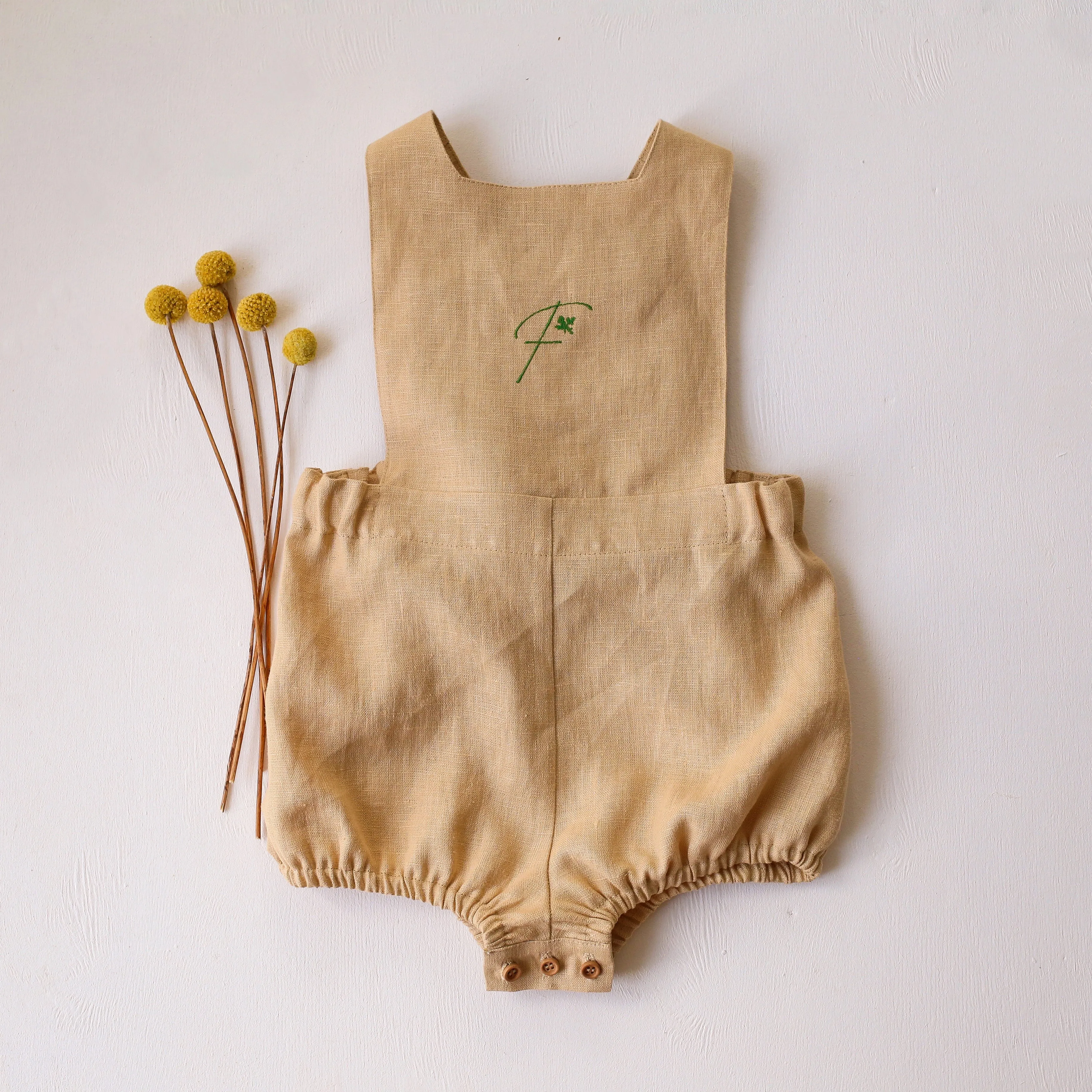 Melon Linen Straps Romper with Initial Embroidery