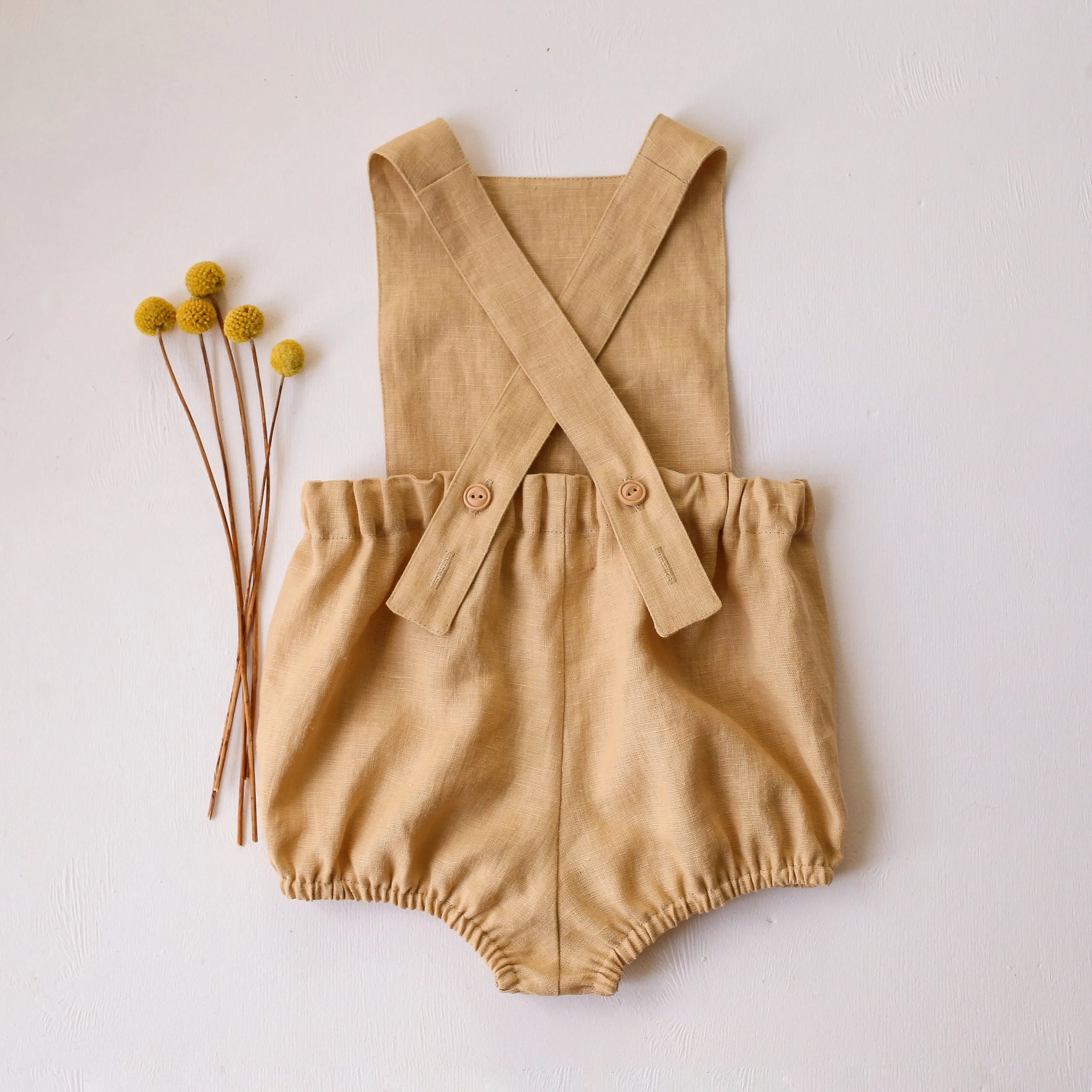 Melon Linen Straps Romper with Initial Embroidery