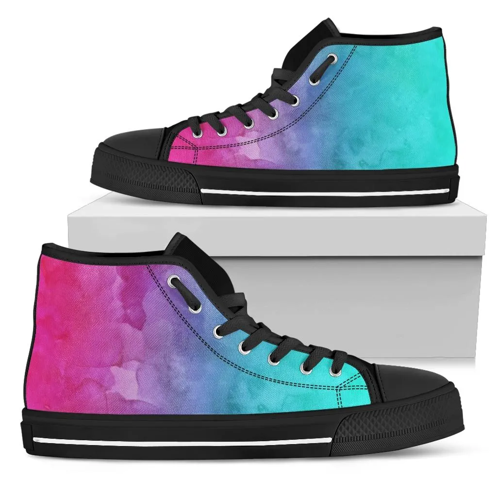 Pink Teal Water Colors Gradient High Top Sneakers Custom Shoes with Black Soles