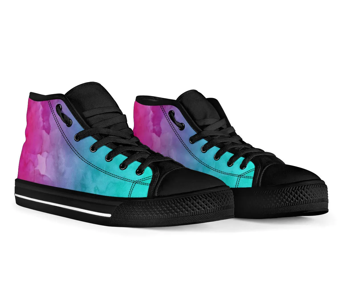 Pink Teal Water Colors Gradient High Top Sneakers Custom Shoes with Black Soles