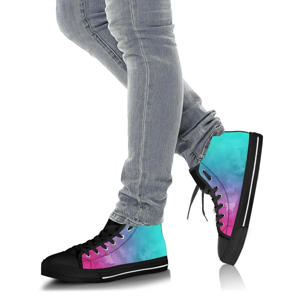 Pink Teal Water Colors Gradient High Top Sneakers Custom Shoes with Black Soles