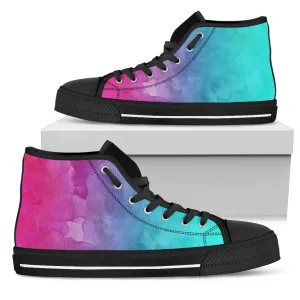 Pink Teal Water Colors Gradient High Top Sneakers Custom Shoes with Black Soles
