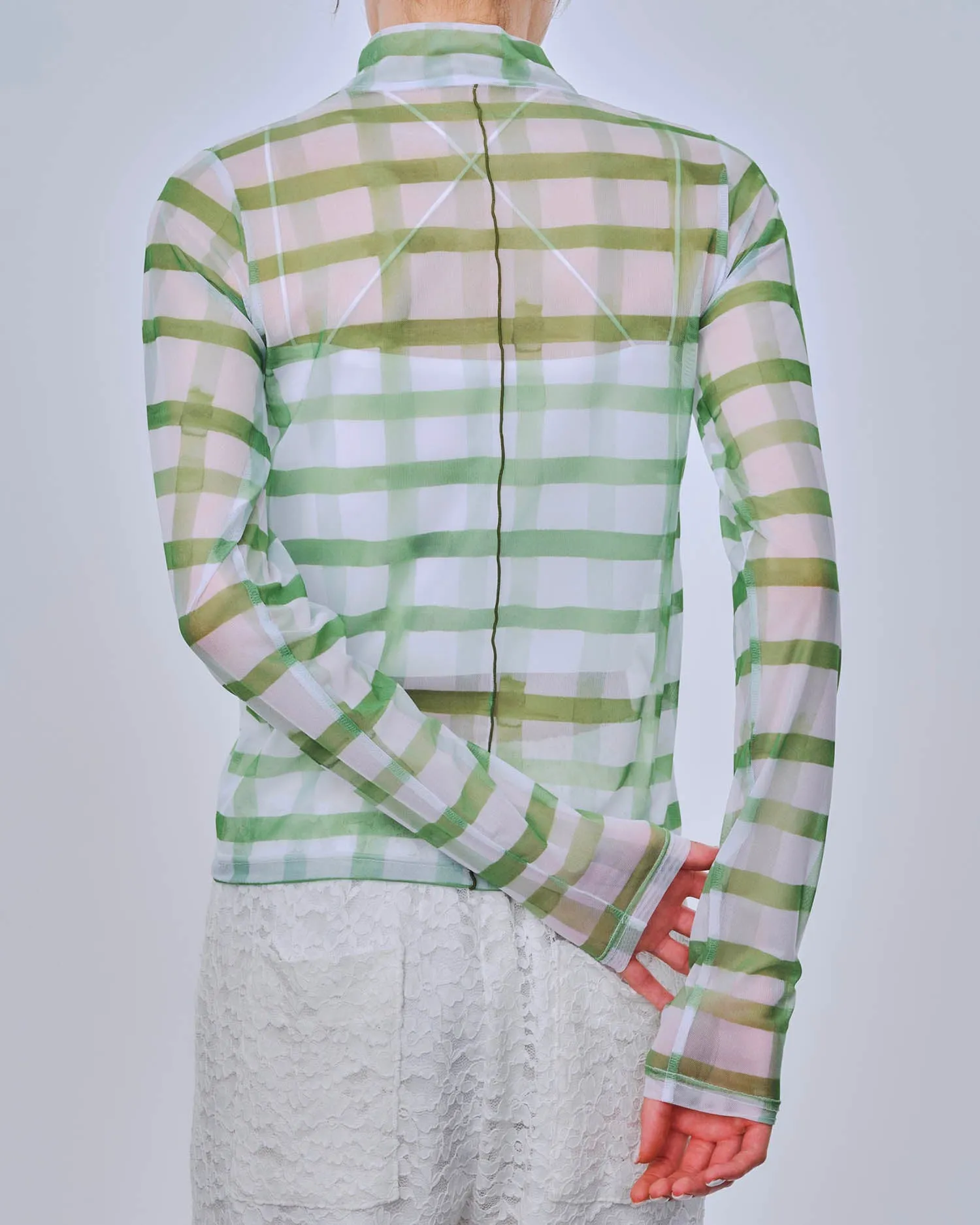 Rough check see-through tops Green (High neck)