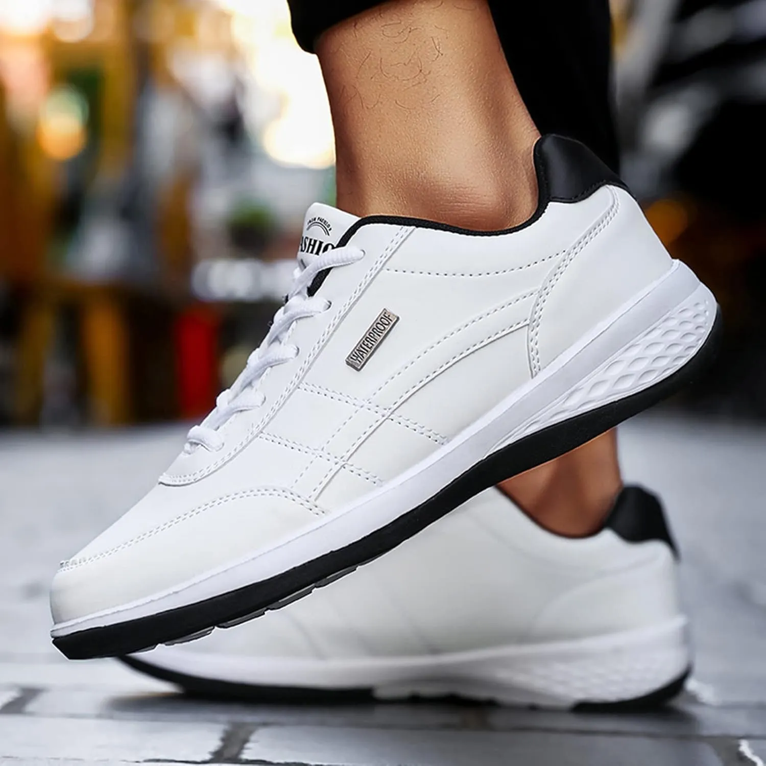 Slip on Walking Shoes Men PU Leather Comfortable Memory Foam Breathable Lace Up Fashion Sneakers Non Slip Arch Support Vacation Training Gym Shoes Wide Width