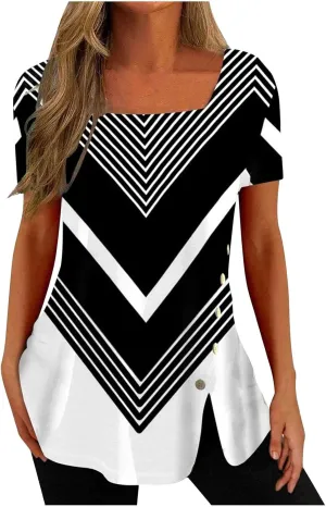 Tunic Tops for Women Trendy 2024 Boho Floral Print Summer Shirts Dressy Casual Square Neck Short Sleeve Blouses