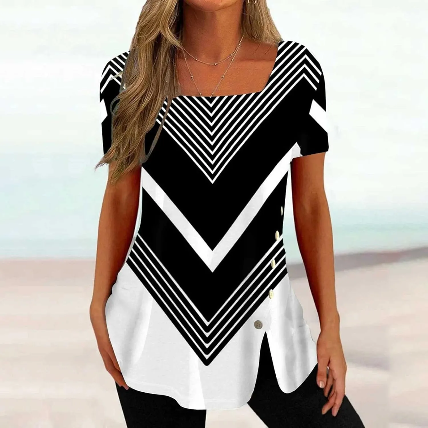 Tunic Tops for Women Trendy 2024 Boho Floral Print Summer Shirts Dressy Casual Square Neck Short Sleeve Blouses